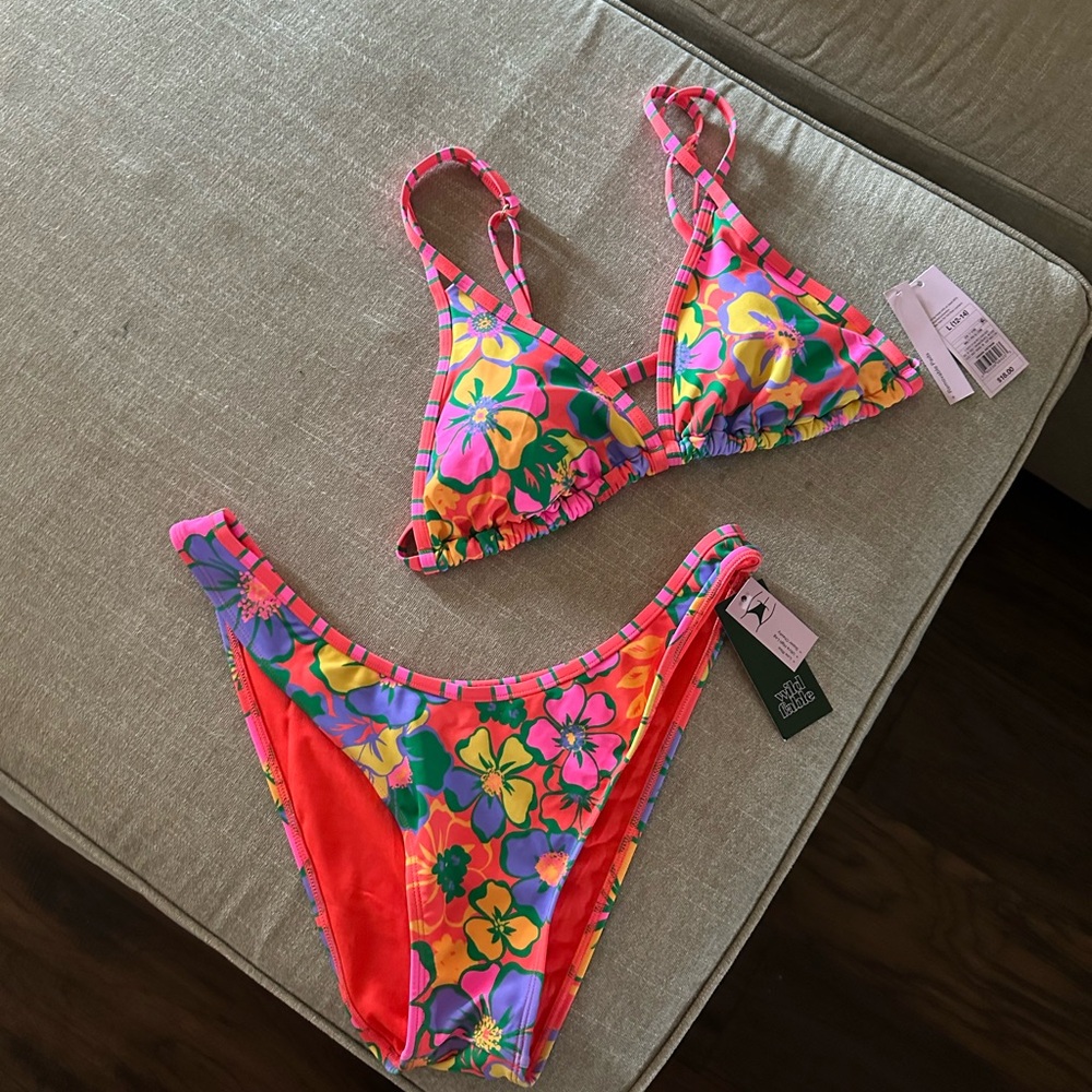 Floral Neon Triangle Bikini Set - Pink, Yellow, Green